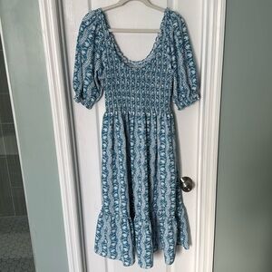 Hill House | Louisa Nap Dress Trailing Vine Print Blue Crepe Pockets | XL